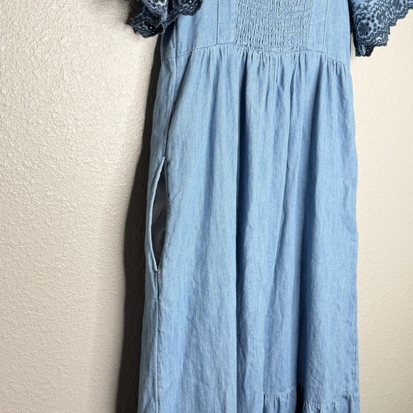 Denim Embroidered Tie Back Midi Maxi Dress Boho Prairie Cottagecore Western S - Picture 8 of 11